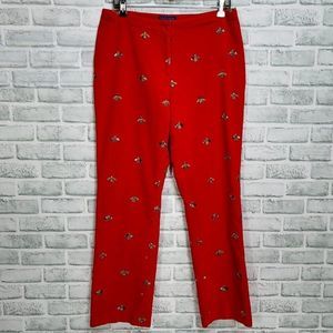 J McLaughlin Womens 12 Embroidered Bees Red Velour Straight Leg Pants Mid Rise